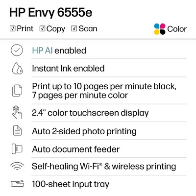 HP Envy 6555e Wireless All-in-One Color Inkjet Printer, Scanner, Copier, Best for home, 3 months FREE ink with HP+ (714N5A)
