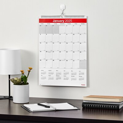 2025 Staples 12" x 17" Wall Calendar, White/Red (ST53913-25)
