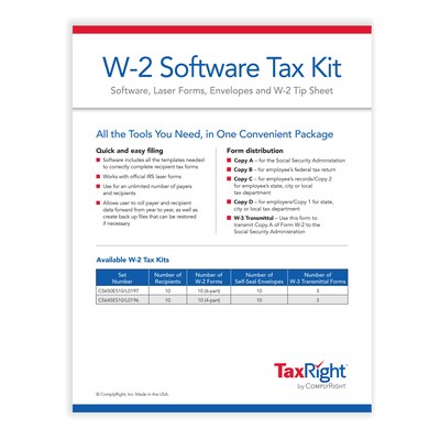 ComplyRight TaxRight 2023 W-2 Tax Form Kit with eFile Software & Envelopes, 6-Part, 10/Pack (SC5650E