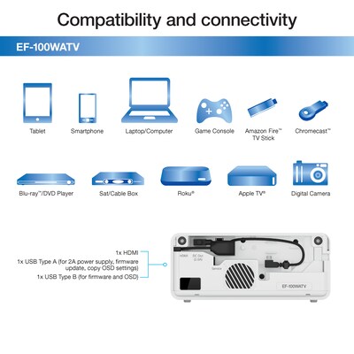 Epson EF-100 Mini-Laser Streaming Projector, White/Silver