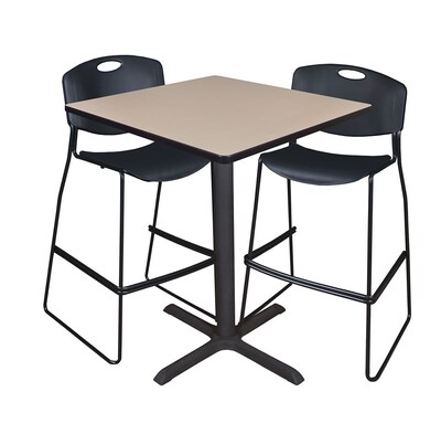 Regency Cain 36 Square Cafe Table- Beige & 2 Zeng Stack Stools- Black