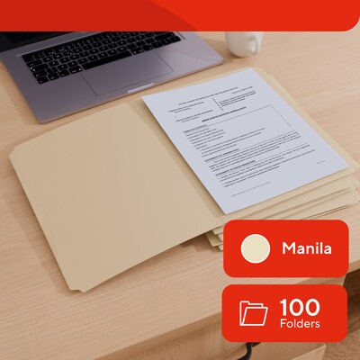 Staples 100% Recycled File Folders, Letter Size, Straight-Cut Tabs, Manila, Eco-Friendly Paper Stock, 100/Box