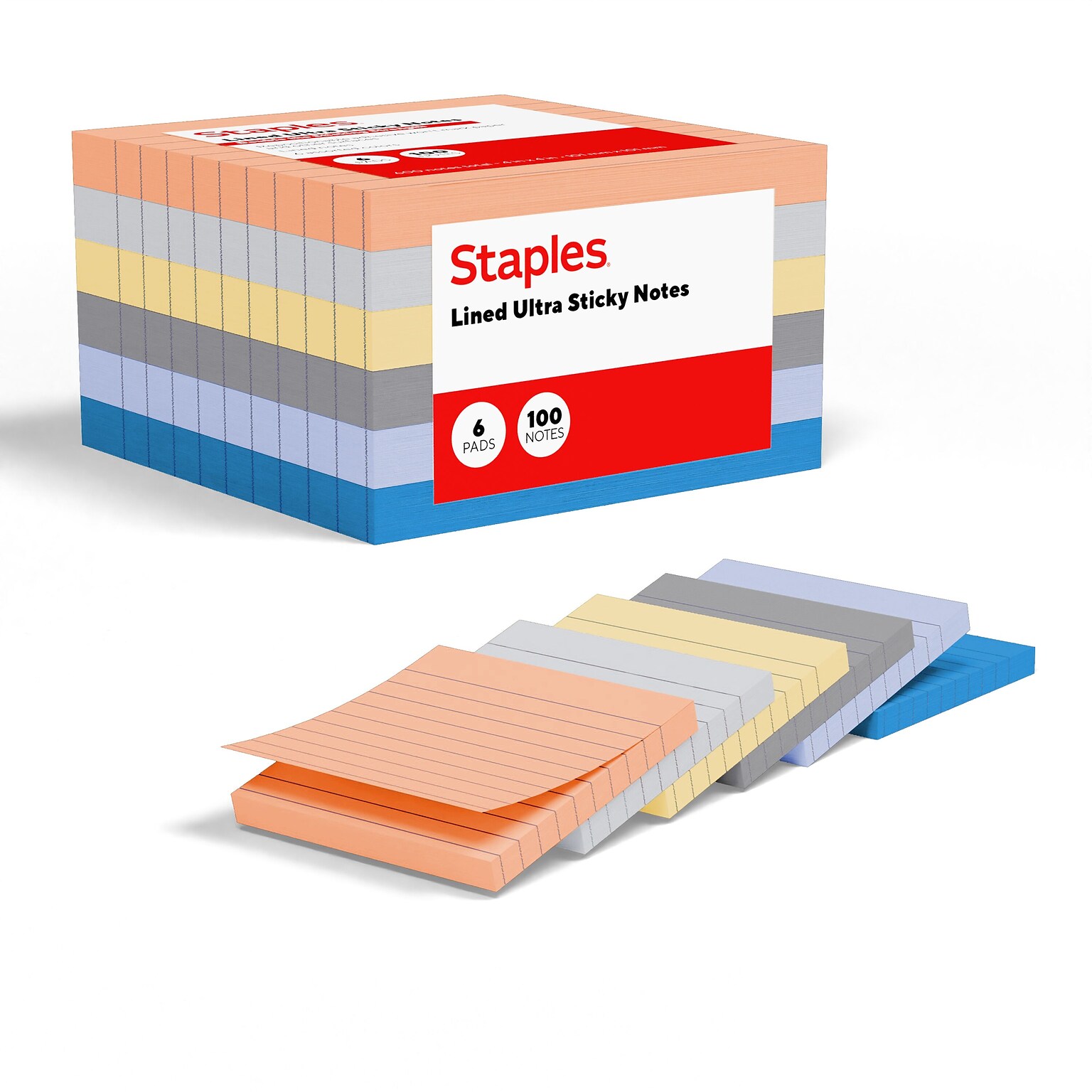 Staples Ultra Sticky Notes, 4 x 4, Stardust Collection, Lined, 100 Sheets/Pad, 6 Pads/Pack (ST62891)
