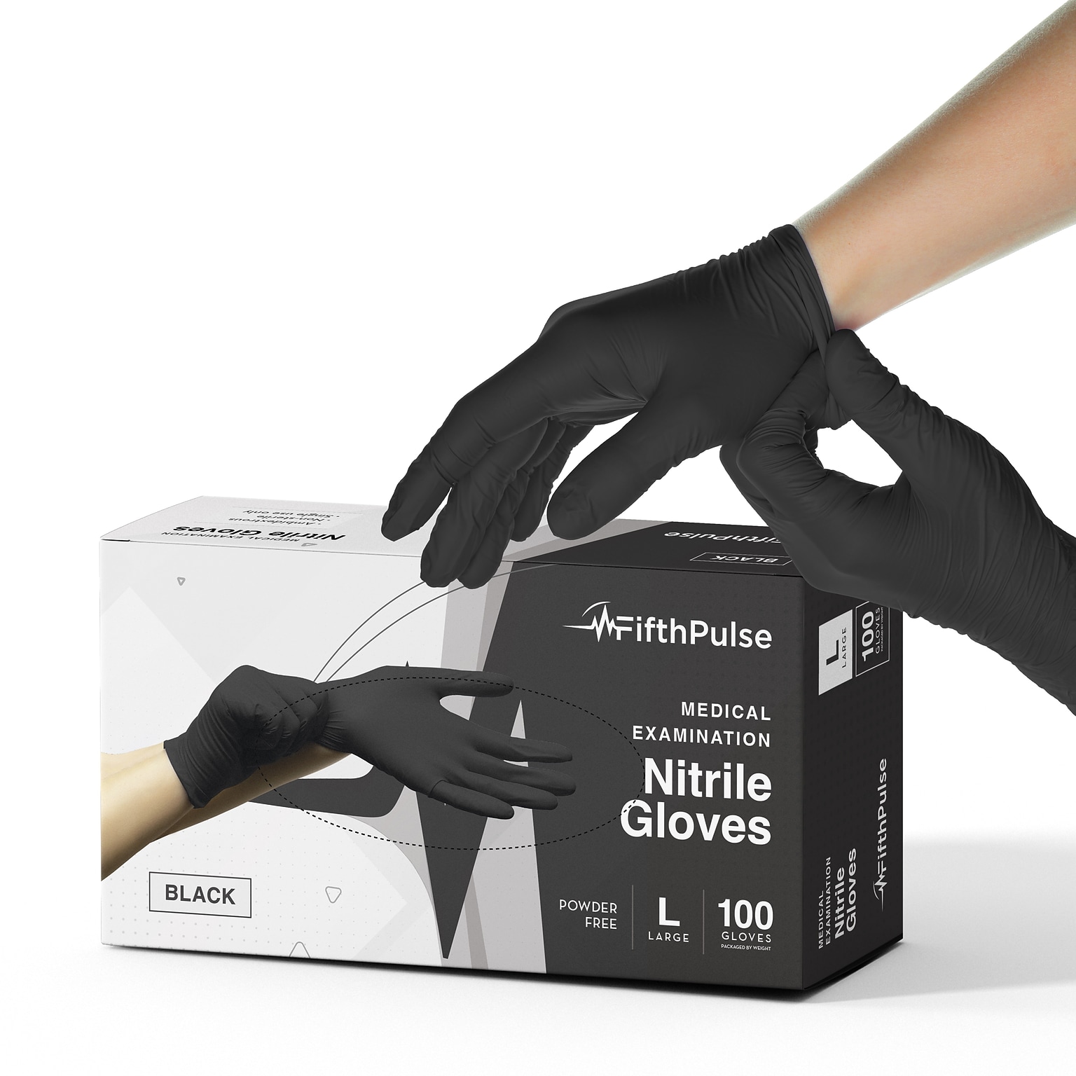 Fifth Pulse Powder Free Nitrile Exam Gloves, Latex Free, Large, Black, 100 Gloves/Box (FMN100003)