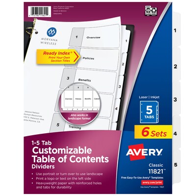 Avery Ready Index Table of Contents Paper Dividers, 1-5 Tabs, White, 6 Sets/Pack (11821)