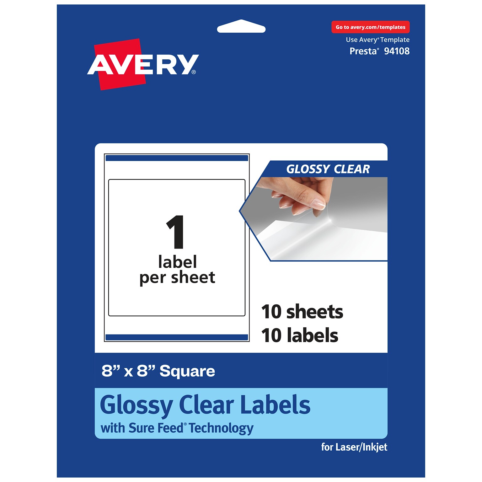 Avery Laser/Inkjet Multipurpose Labels, 8 x 8, Glossy Clear, 10/Pack (94108)