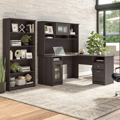 Bush Furniture Cabot 60"W L Shaped Computer Desk with Hutch and 5 Shelf Bookcase, Heather Gray (CAB011HRG)