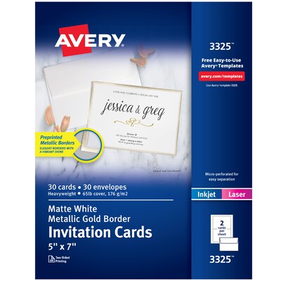 Avery Laser/Inkjet Invitation Cards, 5 x 7, White/Gold, 30 Cards & Envelopes/Pack (3325)