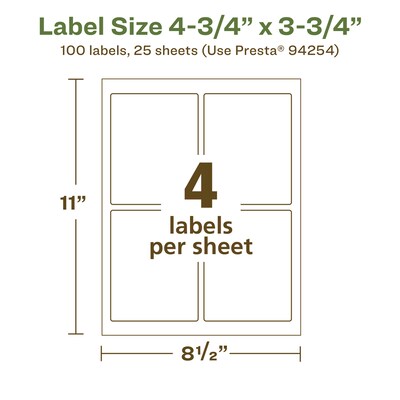 Avery EcoFriendly Laser/Inkjet Rectangle Multipurpose Labels, 4-3/4" x 3-3/4", White, 100/Pack (94254)