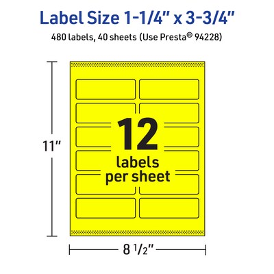 Avery Laser/Inkjet Rectangle Multipurpose Labels, 1.25" x 3.75", Neon Yellow, 480/Pack (94228)