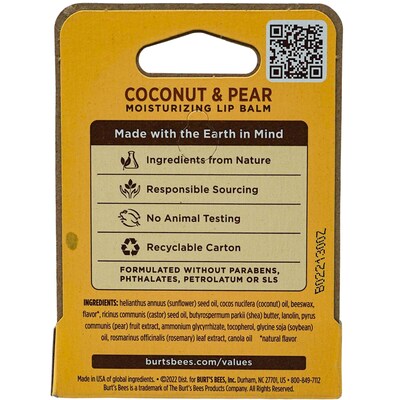 Burts Bees Coconut & Pear Lip Balm, 0.15 oz Tube, 6 Tubes/Traypack, 12 Traypacks/Carton