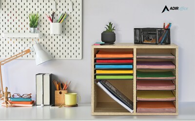 AdirOffice 500 Series 12-Compartment Literature Organizers, 20" x 20", Medium Oak (500-12-MEO)