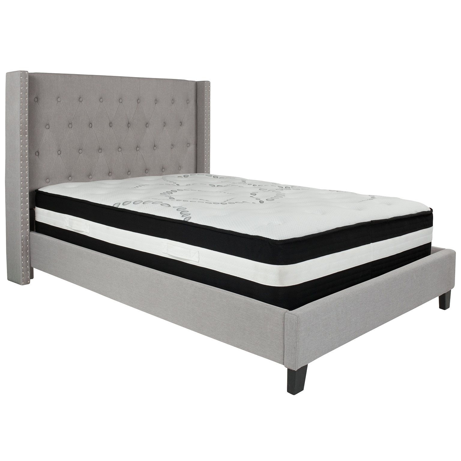 Flash Furniture Riverdale Tufted Upholstered Platform Bed in Light Gray Fabric with Pocket Spring Mattress, Full (HGBM42)