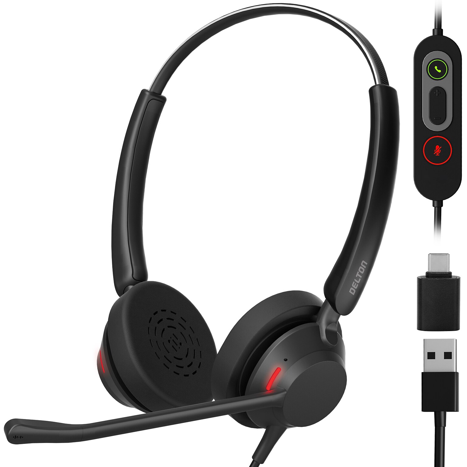 Delton 62Y MS Teams Noise-Canceling On-Ear Computer Headset with 3-Mics, USB Type-A & Type C, Black (DHS62Y)