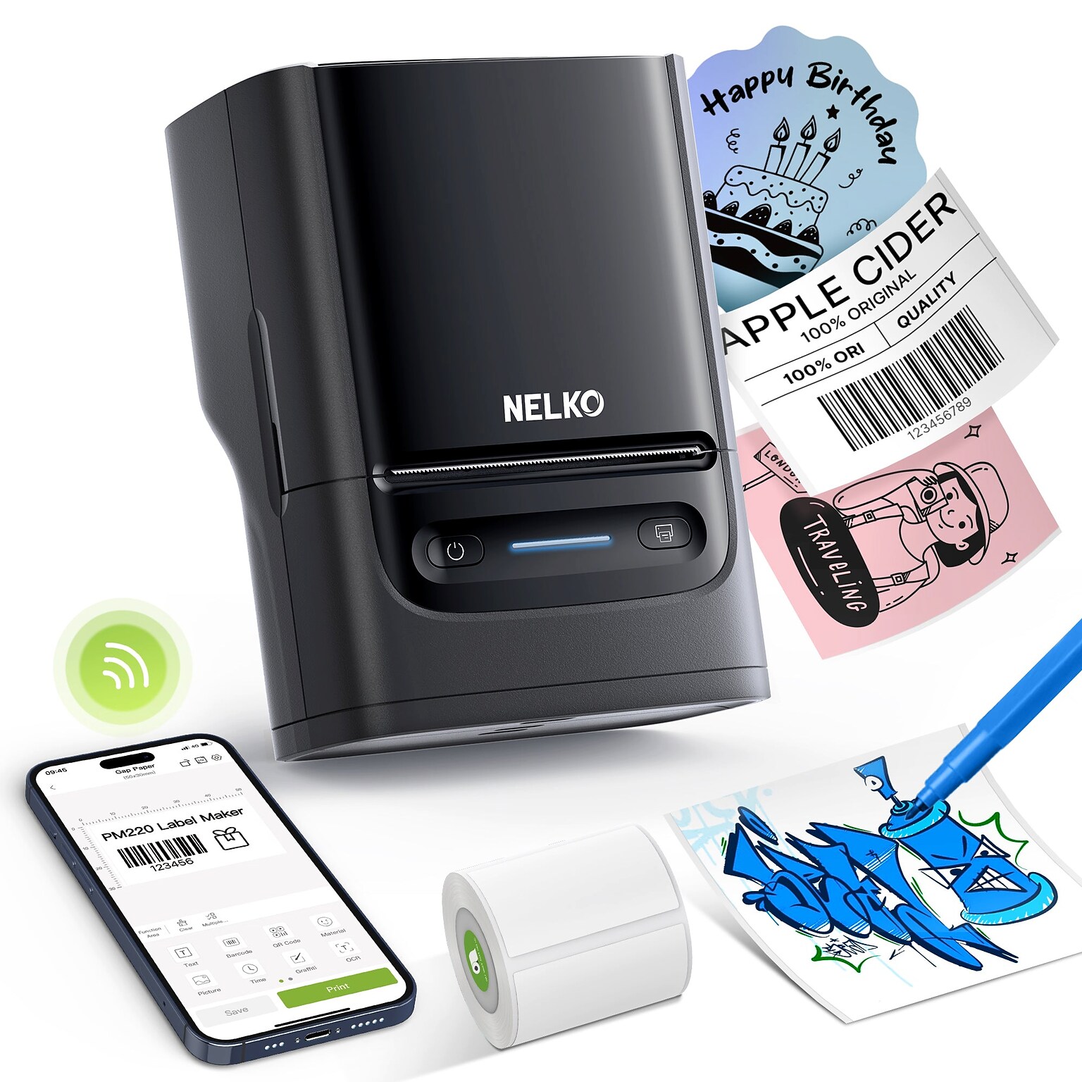 Nelko PM220 Portable Bluetooth Thermal Label Printer, Black (P220BK-4030W-1R)