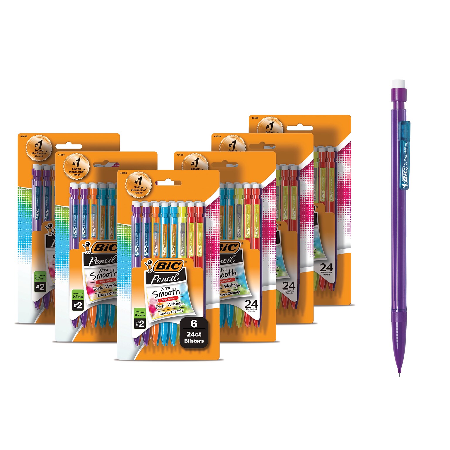 BIC Xtra-Smooth Bright Edition Mechanical Pencils, 0.7mm, #2 Medium Lead, 24 Pencils/Blister, 6 Blisters/Pack (MPCE144E-BLK)