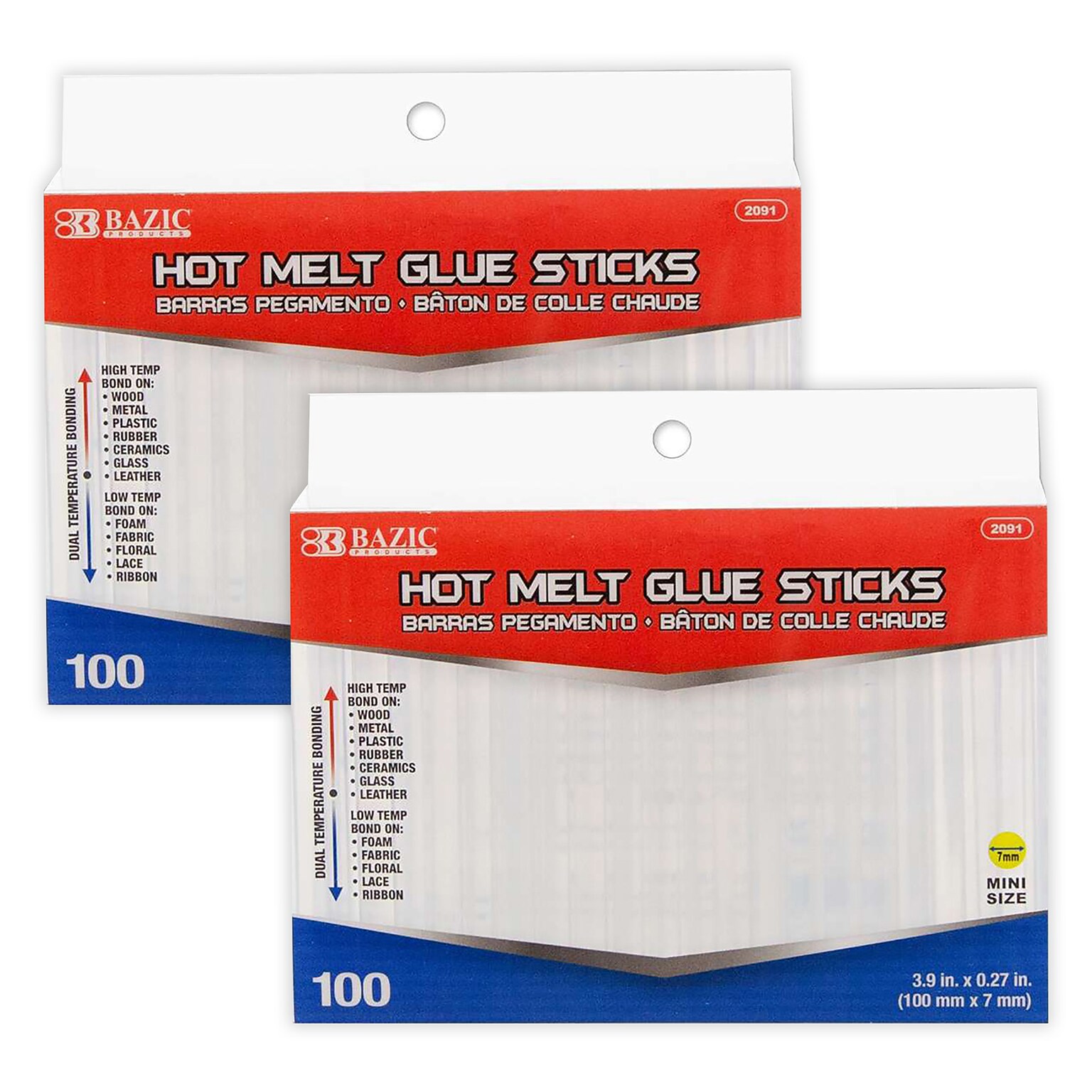 Bazic Dual-Temp Mini Hot Glue Sticks, Clear, 100/Pack, 2 Packs/Bundle(BAZ2091-2)