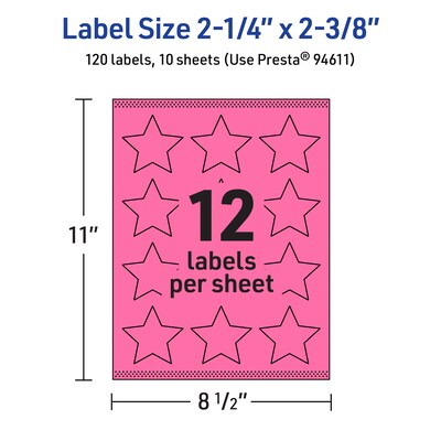 Avery Star Laser/Inkjet Multipurpose Labels, 2-1/4" x 2-3/8", Bright Pink (120/Pack)