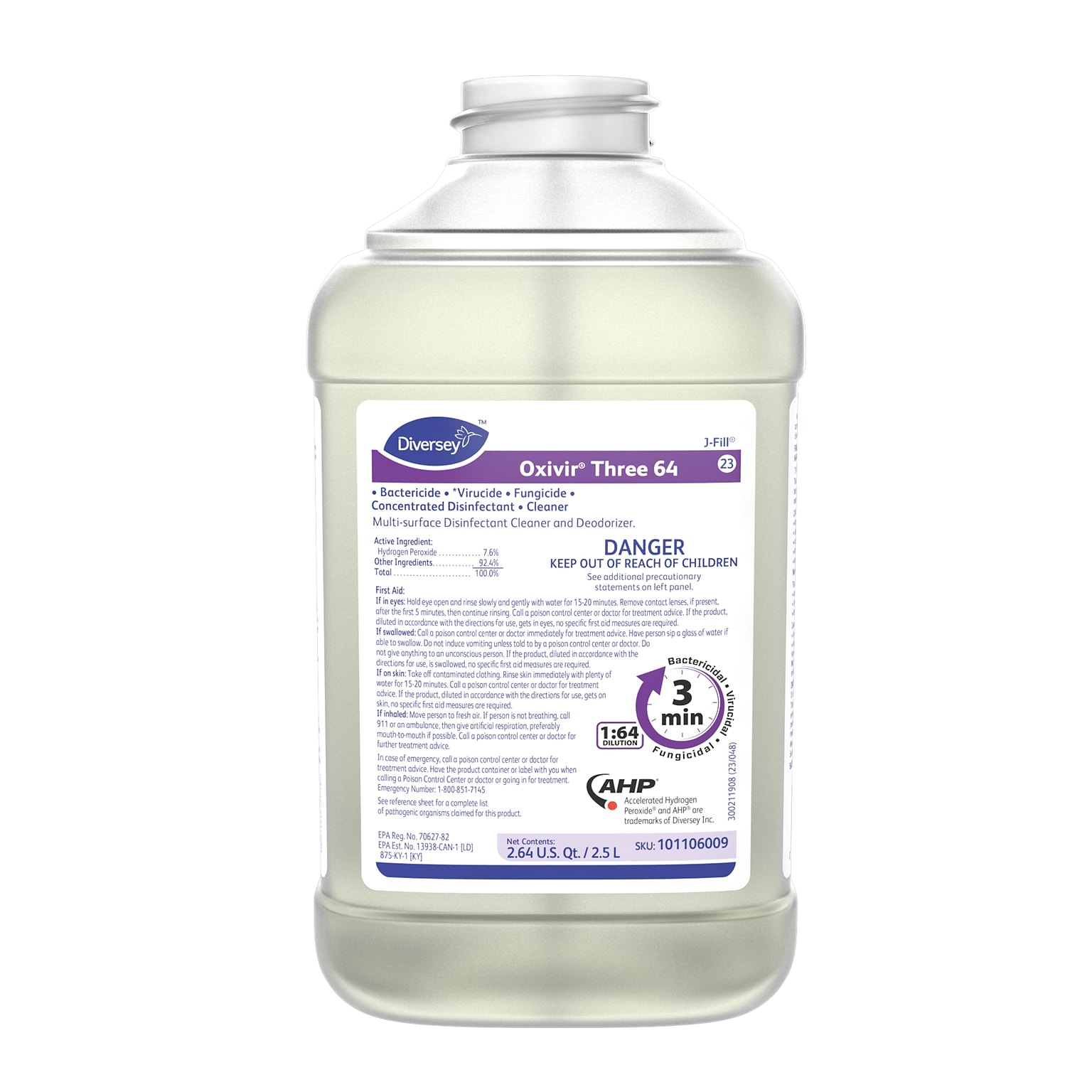 Diversey Oxivir Three 64 Disinfecting Multi-Surface Cleaner & Deodorizer, 2.5L, 2/Carton (101106009CT)