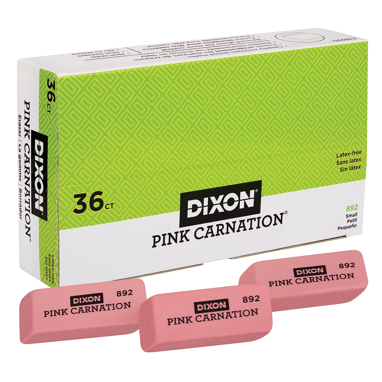 Dixon Pink Carnation Block Erasers, 36/Pack (DIX38920)