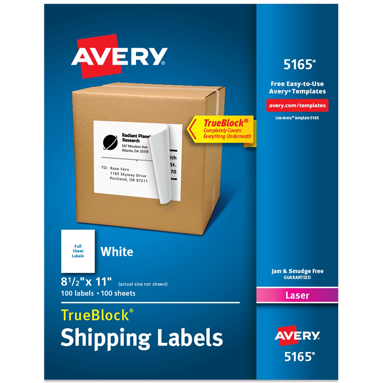Avery TrueBlock Laser Shipping Labels, 8.5 x 11, Matte White, 100 Labels/Box (5165)