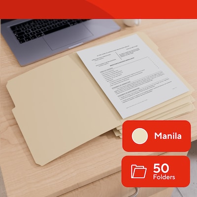 Staples 1/3-Cut Left-Tab File Folders, Letter Size, Manila, Durable Paper Stock, 100/Box