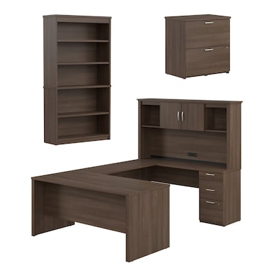 Bestar Logan 66W U or L Shaped Desk with Hutch, File Cabinet, and Bookcase, Antigua (46851-52)