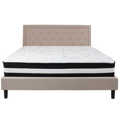 Flash Furniture Roxbury Tufted Upholstered Platform Bed in Beige Fabric with Pocket Spring Mattress, King (SLBM20)