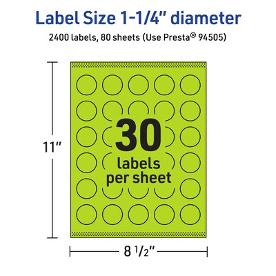 Avery Laser/Inkjet Multipurpose Circle Labels, 1.25" Dia., Bright Green, 2400/Box (94505)