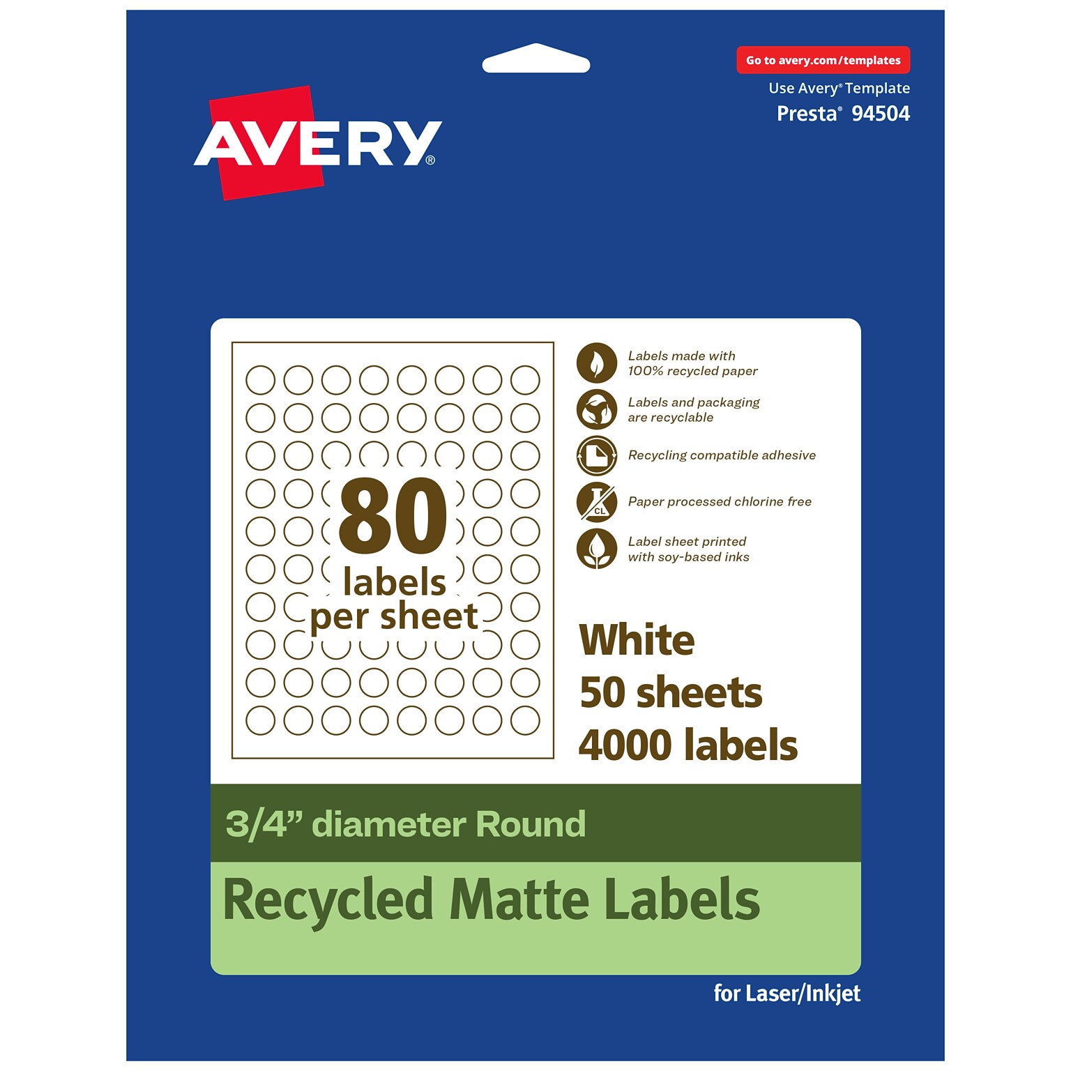 Avery EcoFriendly Laser/Inkjet Circle Multipurpose Labels, 3/4 Dia., White, 4000/Box (94504)