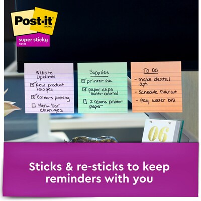 Post-it Recycled Super Sticky Notes, 4 x 4 in., 6 Pads, 90 Sheets/Pad, Lined, 2x the Sticking Power, Wanderlust Pastels