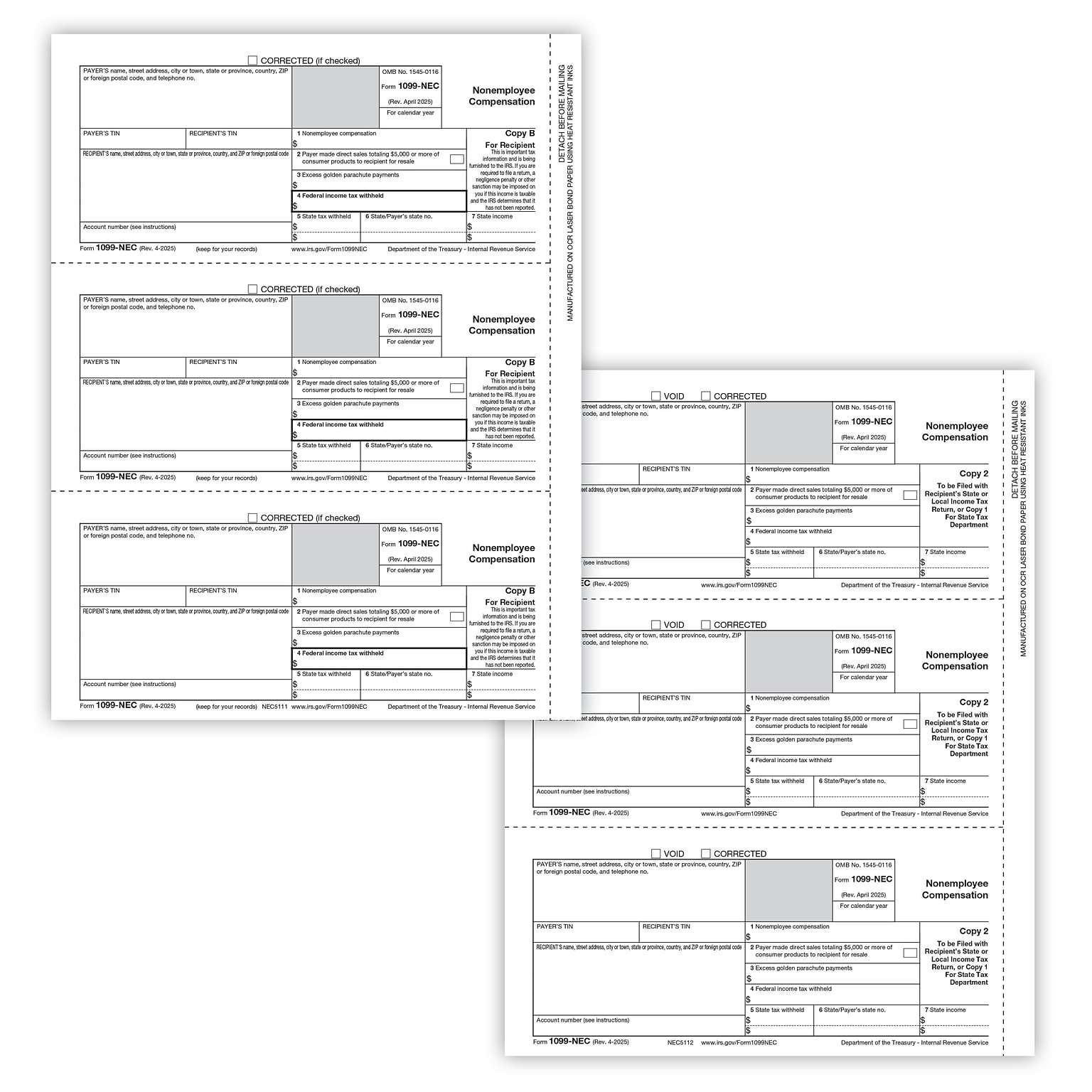 ComplyRight 2025 1099-NEC Tax Form Recipient Copy Only, 3-Part, 3-Up, Copy B, C/2, 50/Pack (NEC6113)