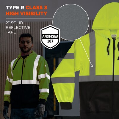 Ergodyne GloWear 8312BK High Visibility Long Sleeve Black Bottom Hooded Zip-Up Sweatshirt, ANSI Type R Class 3, Lime, X-Large