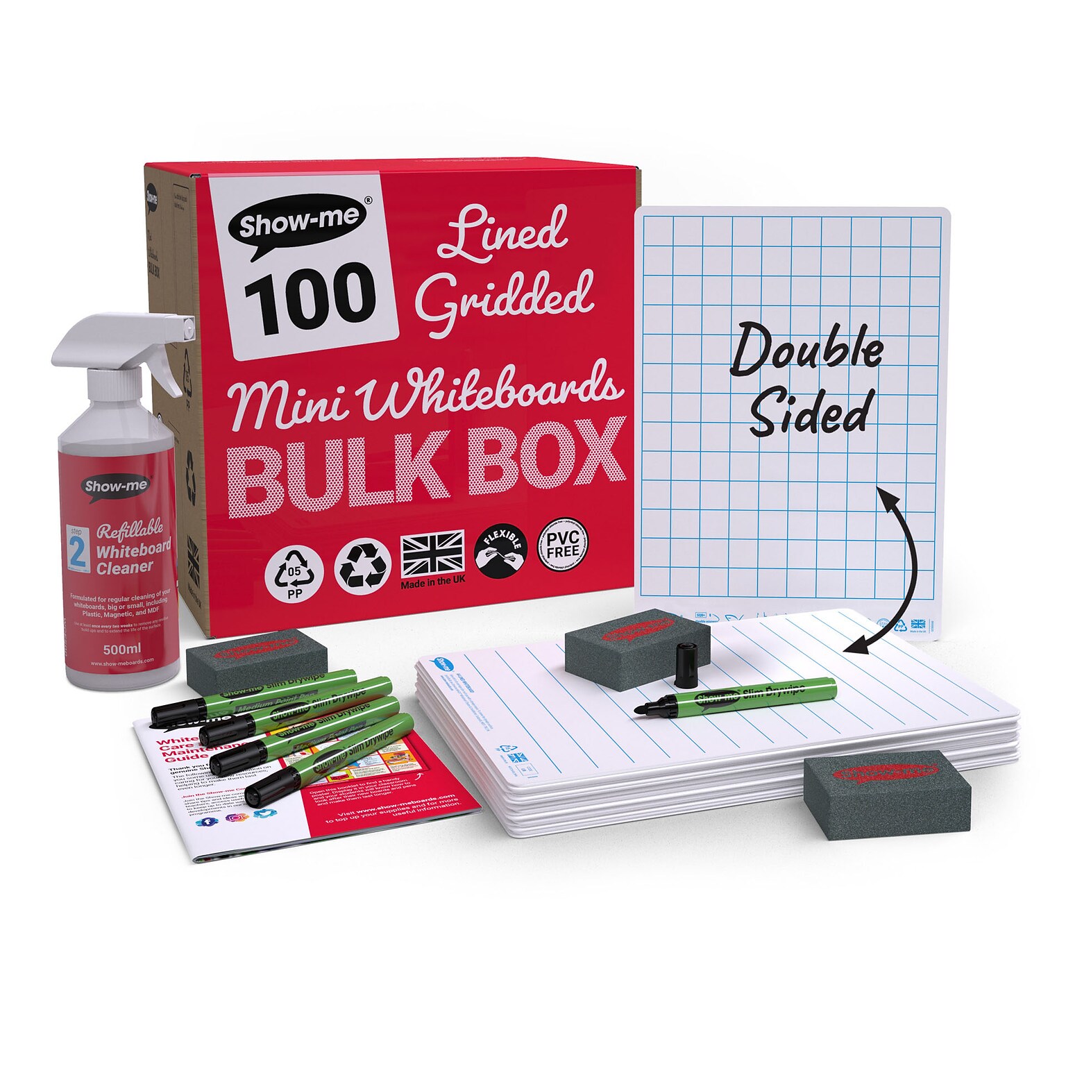 Show-me Lined/Gridded Double Sided Lapboards, with Pens, Erasers & Cleaner, 8 x 12, 100/Set (EPTBGLBX)