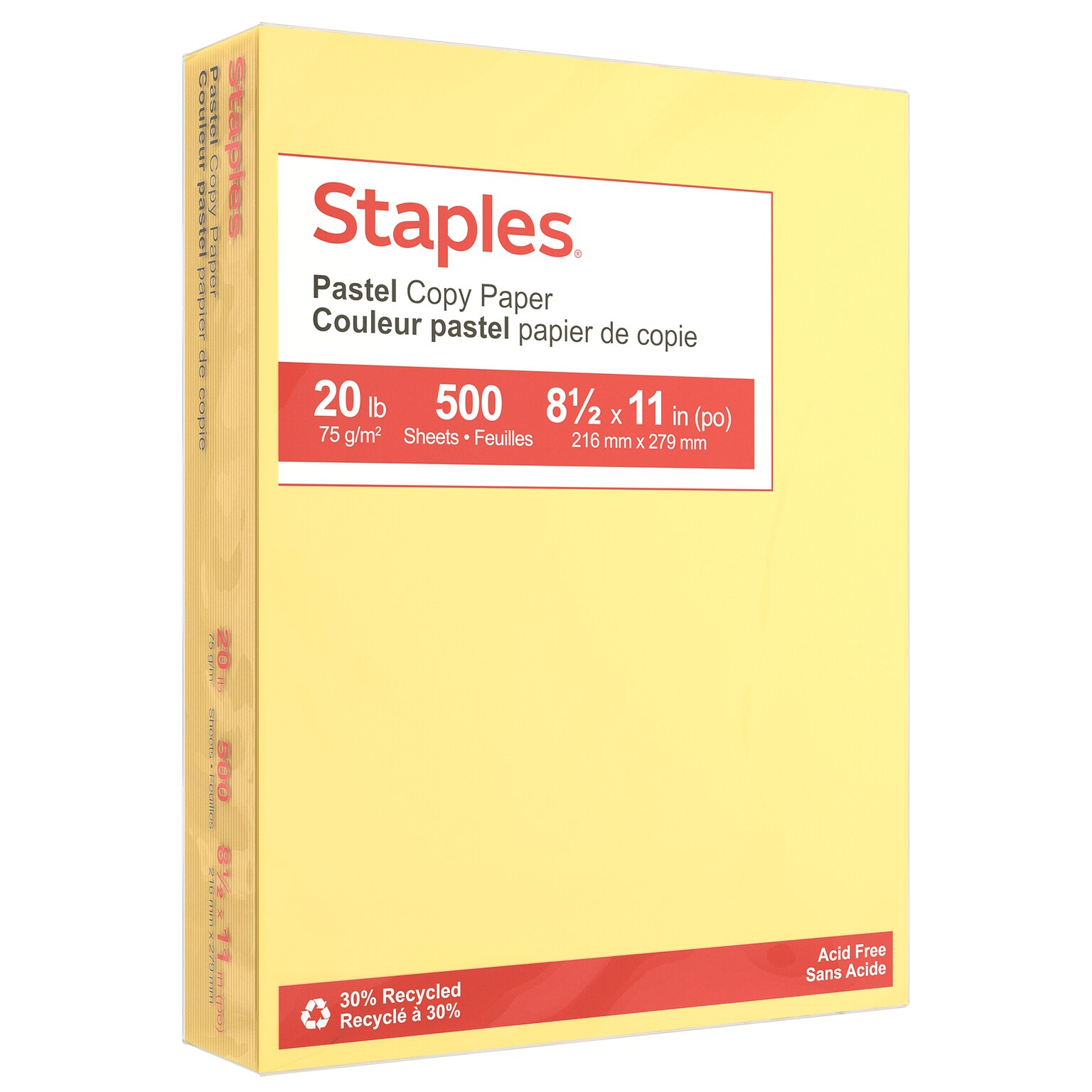 Staples Pastel 30% Recycled Color Copy Paper, 20 lbs., 8.5 x 11, Canary, 500/Ream (14787)
