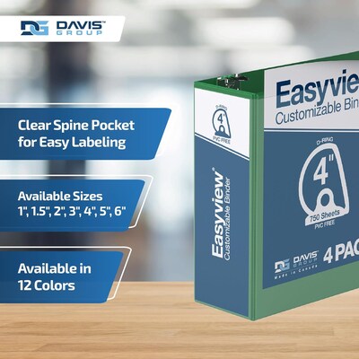 Davis Group Easyview Premium 4" Angle D Ring, Customizable, View Binder, Green, 4/Pack (8406-04)
