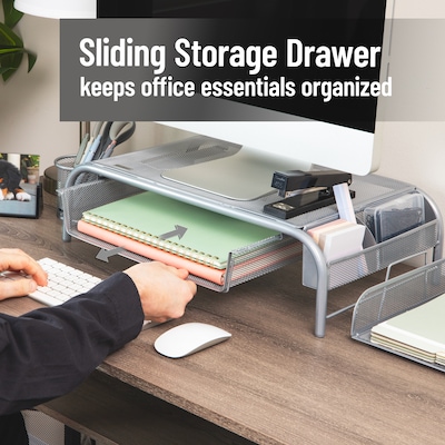 Mind Reader Monitor Stand with Paper Tray, Metal, Silver  (MESHMONSTA-SIL)