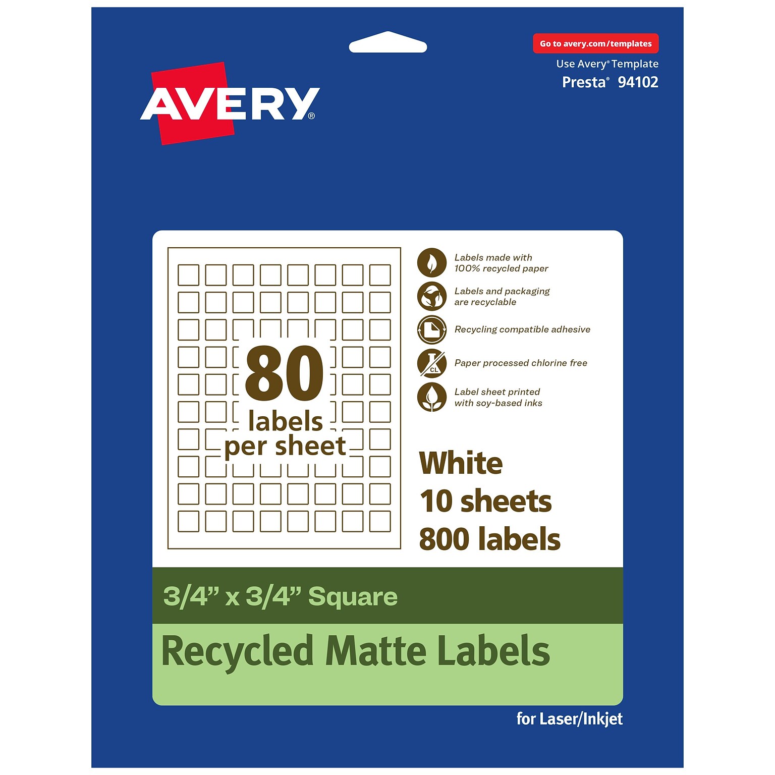 Avery EcoFriendly Laser/Inkjet Square Multipurpose Labels, 3/4 x 3/4, White, 800/Pack (94102)