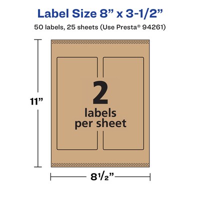 Avery Laser/Inkjet Rectangle Multipurpose Labels, 8" x 3.5", Kraft Brown, 50 Labels/Pack ( 94261)