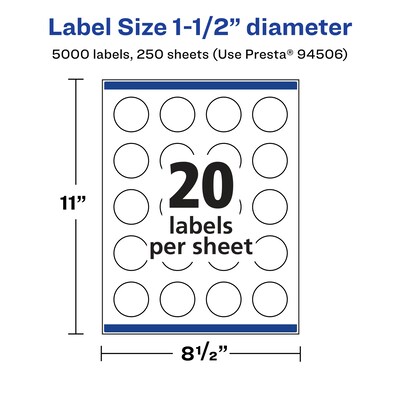 Avery Laser/Inkjet Waterproof Round Multipurpose Labels, 1.5" Dia., White, 5000 Labels/Box (94506)