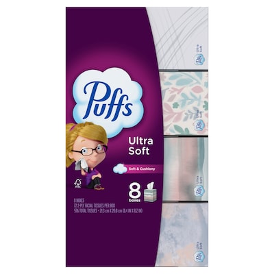 Puffs Ultra Soft Facial Tissue, 72 Tissues/Box, 8 Boxes/Pack (61971)