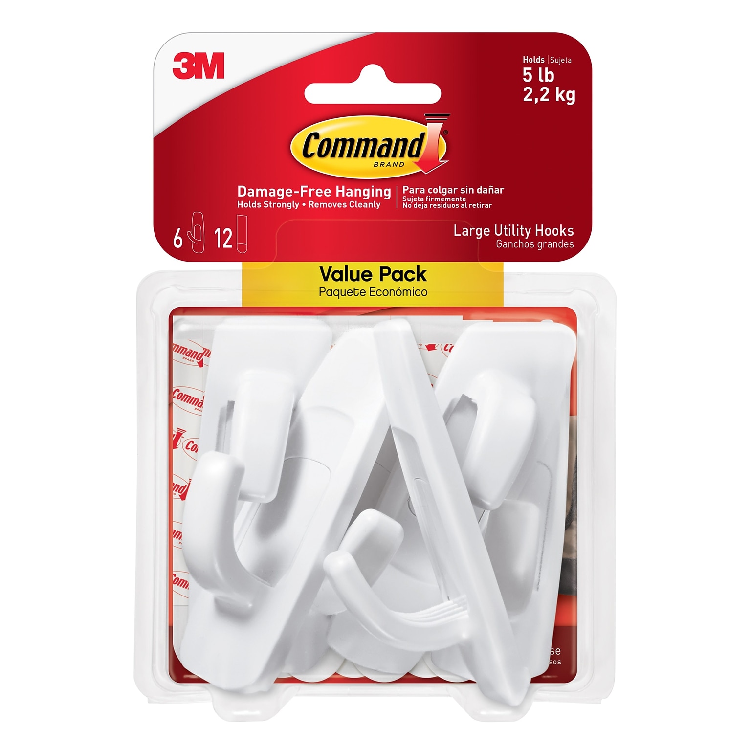 Command Large Utility Hook, 5 lb., White, 6/Hooks, 12/Strips (17003-6ES)