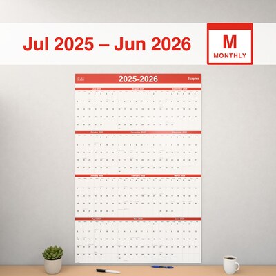 2025-2026 Staples 32 x 48 Academic Yearly Dry-Erase Wall Calendar, Red/White (ST54274-25)