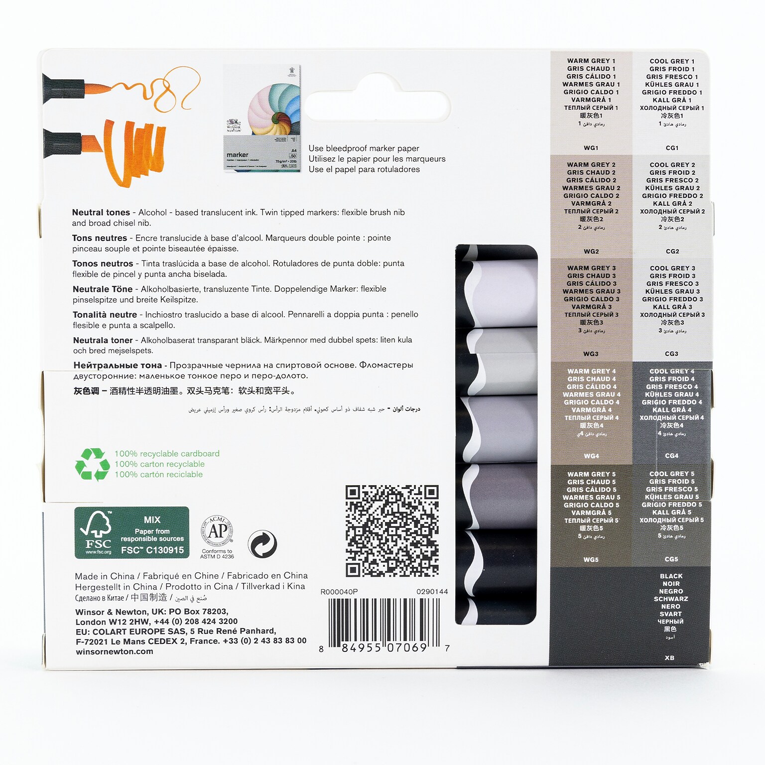 Winsor & Newton Promarker Dual-Tip Brush Alcohol Based Marker, Neutral Gray Tones, 12/Pack (WNX0290144)