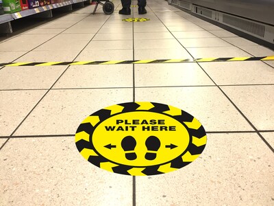 Avery Directional Please Wait Here Preprinted Floor Decals, 10.5 Diameter, Yellow/Black, 5/Pack (