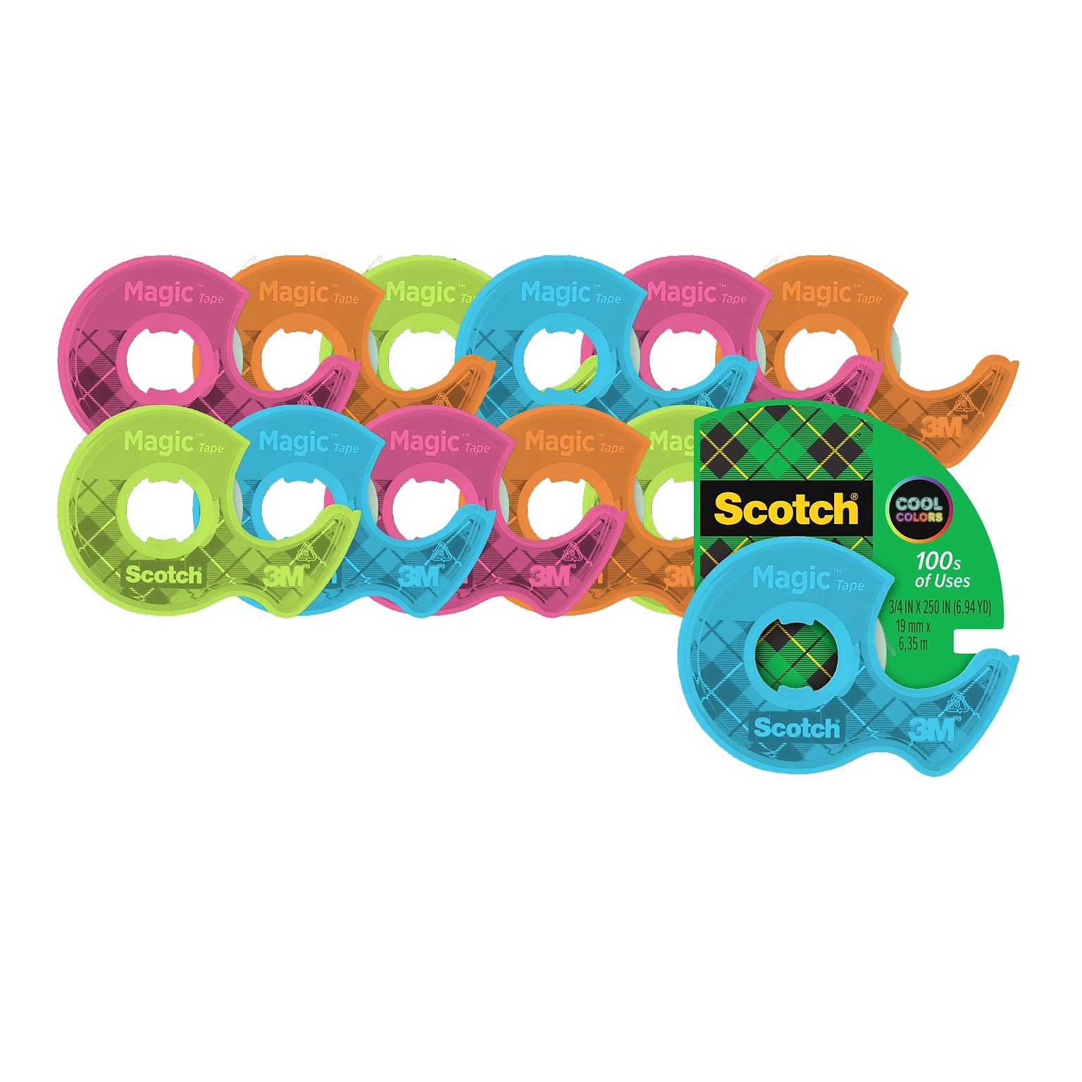 Scotch® Magic™ Tape with Dispenser, 3/4 in x 250 in, Assorted Colors, 12/Pack (102L-COL)