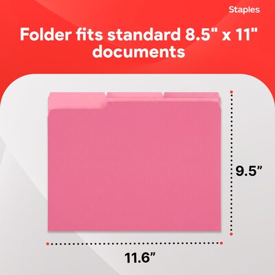 Staples Reinforced File Folders, 1/3-Cut Tab, Letter Size, Pink, 100/Box (508952)