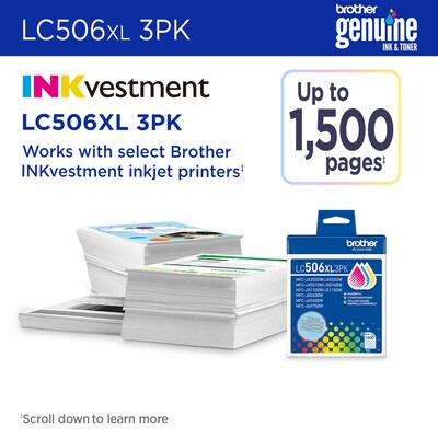 Brother LC506XL Cyan/Magenta/Yellow High Yield Ink Cartridge, 3/Pack (LC506XL3PKS)
