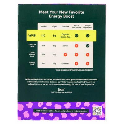 VERB Caffeinated Gluten Free Chocolate Chip Cookie Dough Energy Bar, 0.92 oz., 16/Pack (220-02525)