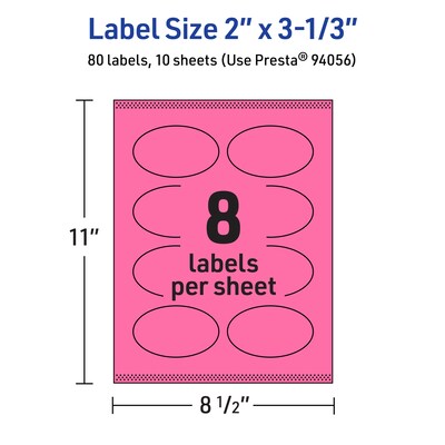 Avery Laser/Inkjet Oval Multipurpose Labels, 2" x 3-1/3", Bright Pink, 80/Pack (94056)